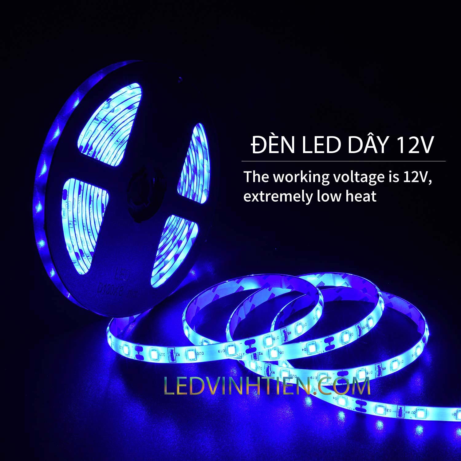 Ảnh chụp nhiều góc cạnh của đèn LED DÂY DÁN chip SMD 5050, 2835 chíp led đôi, hai hàng led ánh sáng màu vàng siêu sáng là loại led dây dán cuộn dài 5m, chạy điện 12V, dùng chiếu sáng nội thất, tủ kệ, quầy bar, bếp, hắt trần, trang trí quán cà phê, ledvinhtien.com