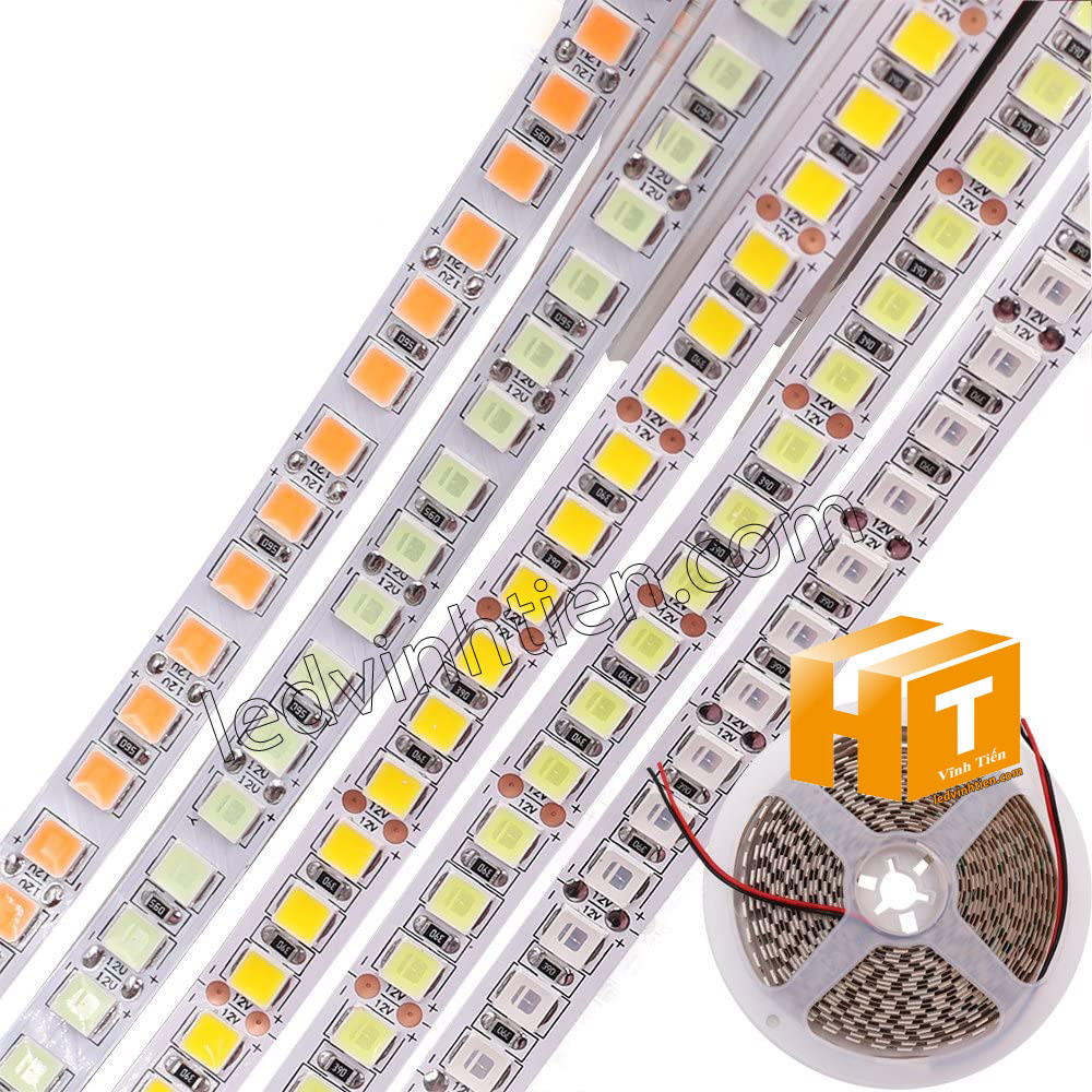 Ảnh chụp nhiều góc cạnh của đèn LED DÂY DÁN chip SMD 5054 ánh sáng màu đỏ siêu sáng là loại led dây dán cuộn dài 5m, chạy điện 12V, ledvinhtien.com