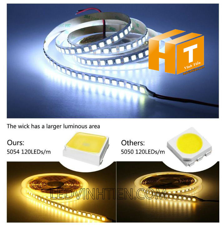 ảnh chụp nhiều góc cạnh của đèn LED DÂY DÁN chip SMD 5054 ánh sáng trắng siêu sáng là loại led dây dán cuộn dài 5m, chạy điện 12V, ledvinhtien.com
