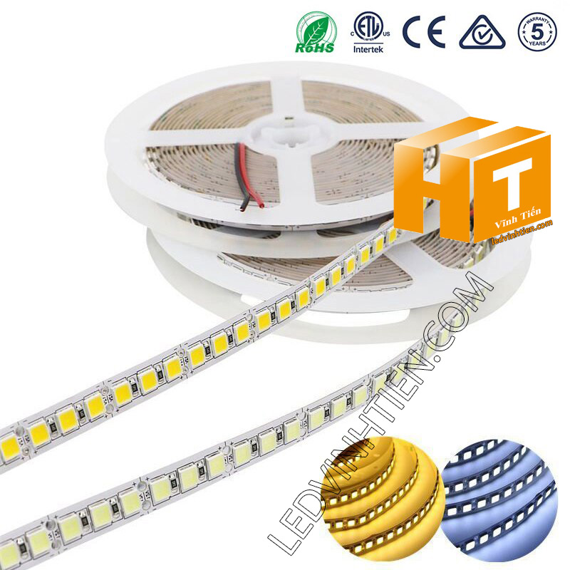 ảnh chụp nhiều góc cạnh của đèn LED DÂY DÁN chip SMD 5054 ánh sáng trắng siêu sáng là loại led dây dán cuộn dài 5m, chạy điện 12V, ledvinhtien.com