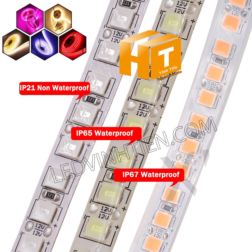 Ảnh chụp nhiều góc cạnh của đèn LED DÂY DÁN chip SMD 5054 ánh sáng xanh dương siêu sáng là loại led dây dán cuộn dài 5m, chạy điện 12V, ledvinhtien.com