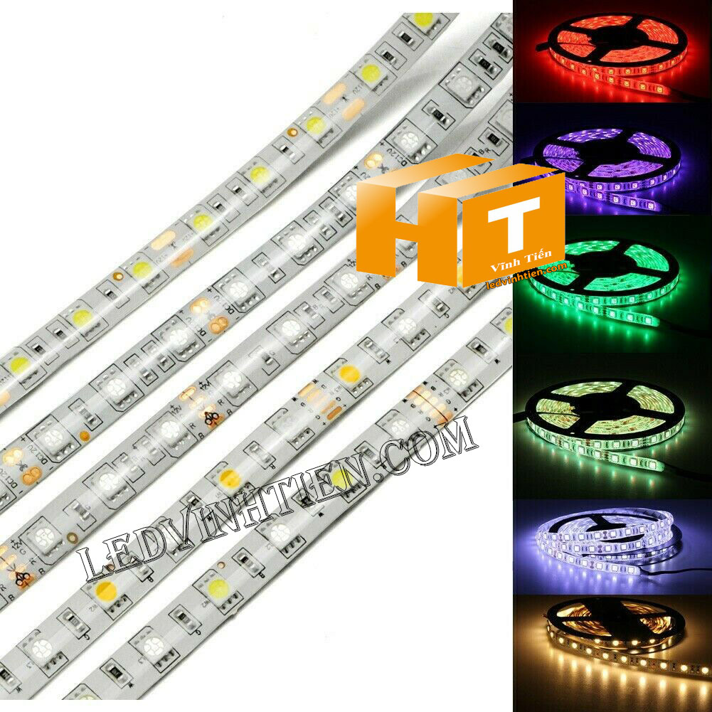 Ảnh chụp nhiều góc cạnh của đèn LED DÂY DÁN chip SMD 5054 ánh sáng xanh dương siêu sáng là loại led dây dán cuộn dài 5m, chạy điện 12V, ledvinhtien.com