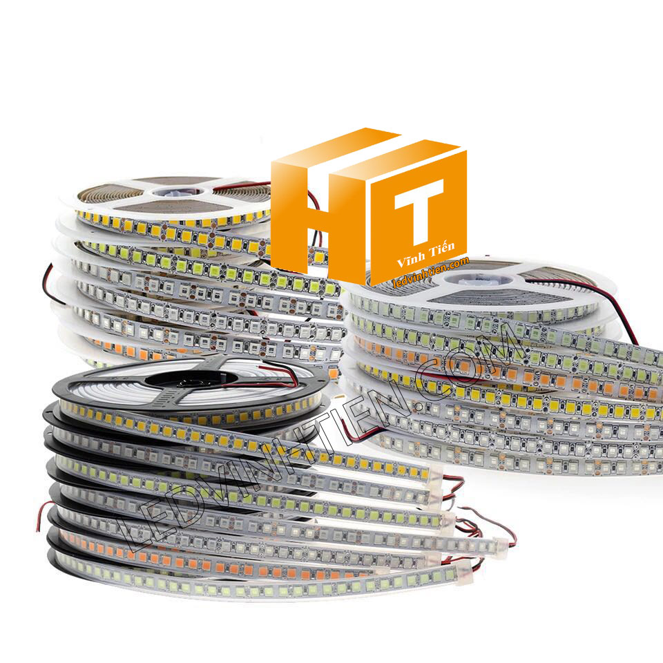 Ảnh chụp nhiều góc cạnh của đèn LED DÂY DÁN chip SMD 5054 ánh sáng xanh dương siêu sáng là loại led dây dán cuộn dài 5m, chạy điện 12V, ledvinhtien.com