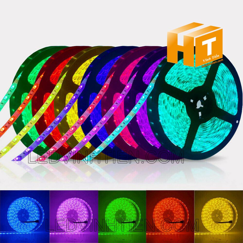 Ảnh chụp nhiều góc cạnh của đèn LED DÂY DÁN chip SMD 5054 ánh sáng bảy màu, nhiều màu, RGB siêu sáng là loại led dây dán cuộn dài 5m, chạy điện 12V, ledvinhtien.com