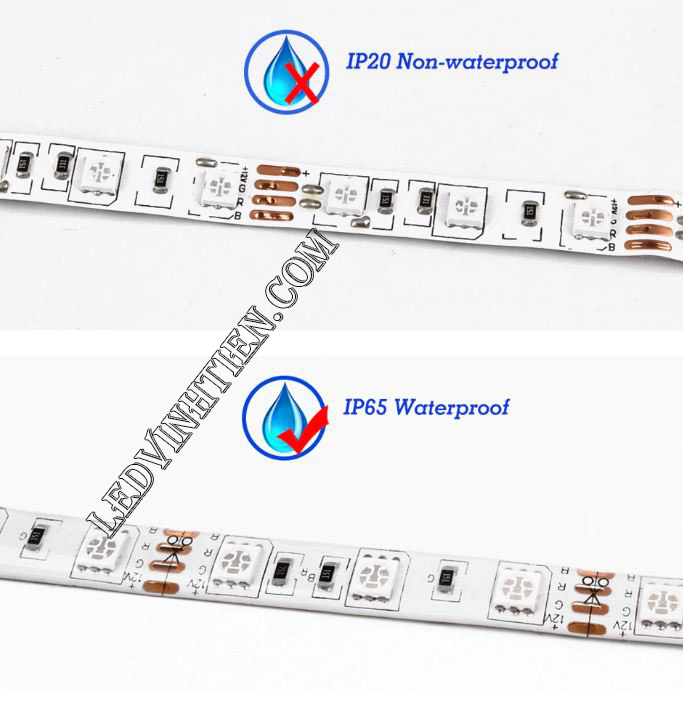 Ảnh chụp nhiều góc cạnh của đèn LED DÂY DÁN chip SMD 5054 ánh sáng bảy màu, nhiều màu, RGB siêu sáng là loại led dây dán cuộn dài 5m, chạy điện 12V, ledvinhtien.com