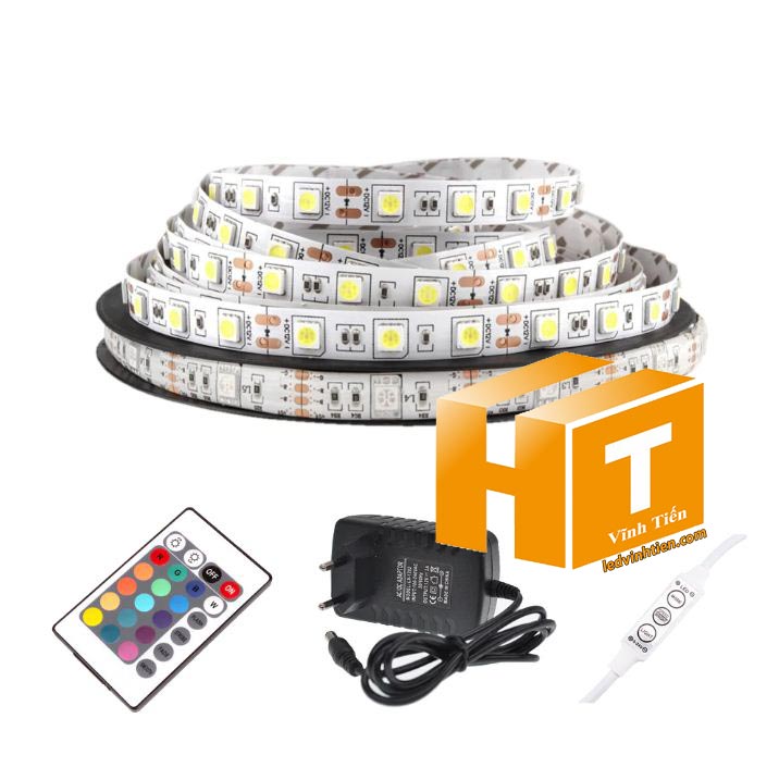 Ảnh chụp nhiều góc cạnh của đèn LED DÂY DÁN chip SMD 5054 ánh sáng bảy màu, nhiều màu, RGB siêu sáng là loại led dây dán cuộn dài 5m, chạy điện 12V, ledvinhtien.com
