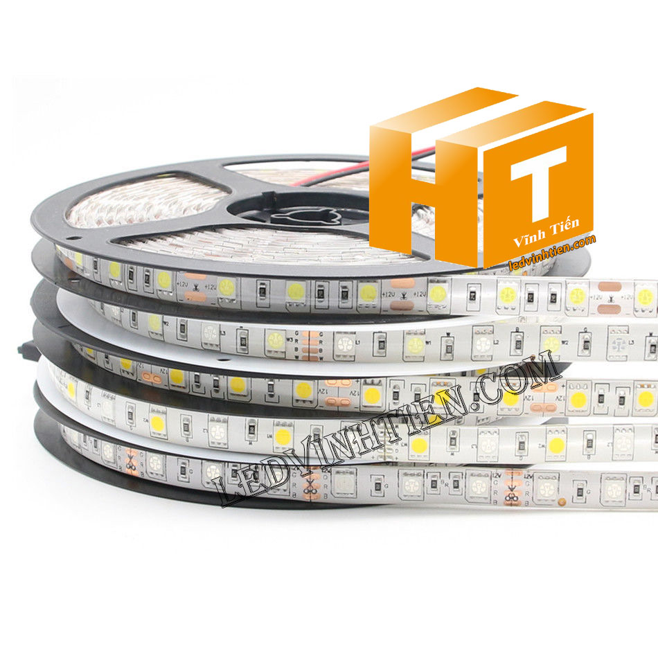 Ảnh chụp nhiều góc cạnh của đèn LED DÂY DÁN chip SMD 5054 ánh sáng bảy màu, nhiều màu, RGB siêu sáng là loại led dây dán cuộn dài 5m, chạy điện 12V, ledvinhtien.com