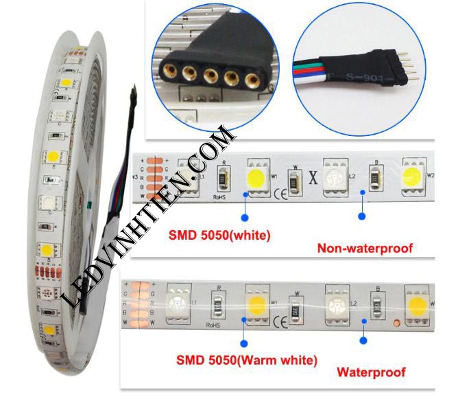 Ảnh chụp nhiều góc cạnh của đèn LED DÂY DÁN chip SMD 5054 ánh sáng bảy màu, nhiều màu, RGB siêu sáng là loại led dây dán cuộn dài 5m, chạy điện 12V, ledvinhtien.com