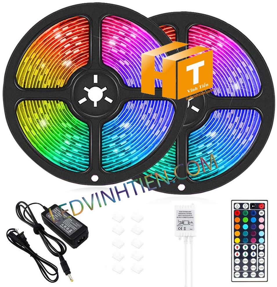 Ảnh chụp nhiều góc cạnh của đèn LED DÂY DÁN chip SMD 5054 ánh sáng bảy màu, nhiều màu, RGB siêu sáng là loại led dây dán cuộn dài 5m, chạy điện 12V, ledvinhtien.com