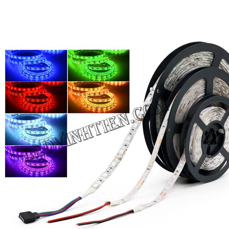 Ảnh chụp nhiều góc cạnh của đèn LED DÂY DÁN chip SMD 5054 ánh sáng bảy màu, nhiều màu, RGB siêu sáng là loại led dây dán cuộn dài 5m, chạy điện 12V, ledvinhtien.com