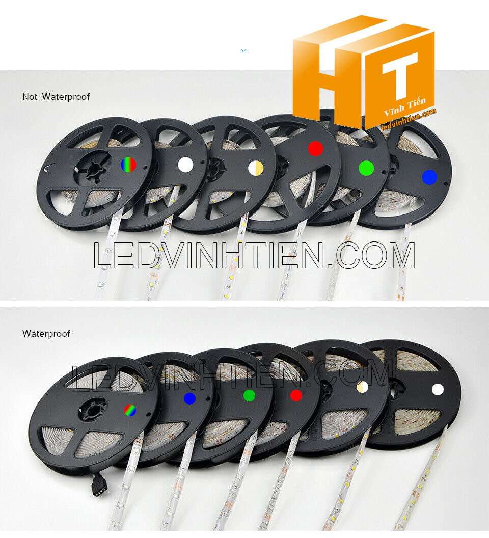 Ảnh chụp nhiều góc cạnh của đèn LED DÂY DÁN chip SMD 5054 ánh sáng bảy màu, nhiều màu, RGB siêu sáng là loại led dây dán cuộn dài 5m, chạy điện 12V, ledvinhtien.com