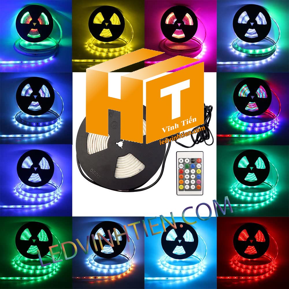 Ảnh chụp nhiều góc cạnh của đèn LED DÂY DÁN chip SMD 5054 ánh sáng bảy màu, nhiều màu, RGB siêu sáng là loại led dây dán cuộn dài 5m, chạy điện 12V, ledvinhtien.com