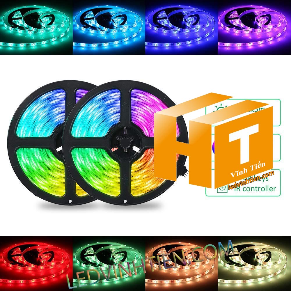 Ảnh chụp nhiều góc cạnh của đèn LED DÂY DÁN chip SMD 5054 ánh sáng bảy màu, nhiều màu, RGB siêu sáng là loại led dây dán cuộn dài 5m, chạy điện 12V, ledvinhtien.com