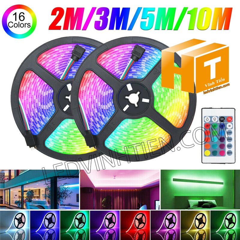 Ảnh chụp nhiều góc cạnh của đèn LED DÂY DÁN chip SMD 5054 ánh sáng bảy màu, nhiều màu, RGB siêu sáng là loại led dây dán cuộn dài 5m, chạy điện 12V, ledvinhtien.com