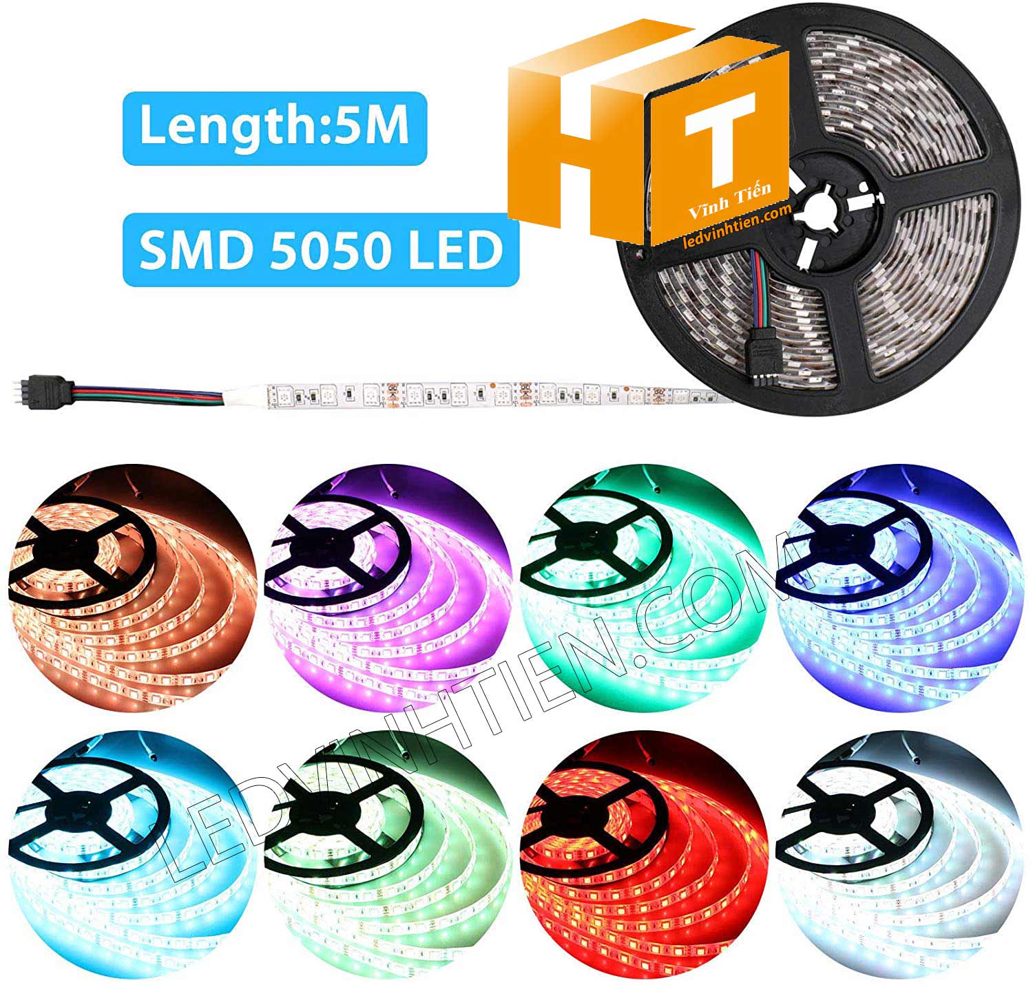 Ảnh chụp nhiều góc cạnh của đèn LED DÂY DÁN chip SMD 5054 ánh sáng bảy màu, nhiều màu, RGB siêu sáng là loại led dây dán cuộn dài 5m, chạy điện 12V, ledvinhtien.com