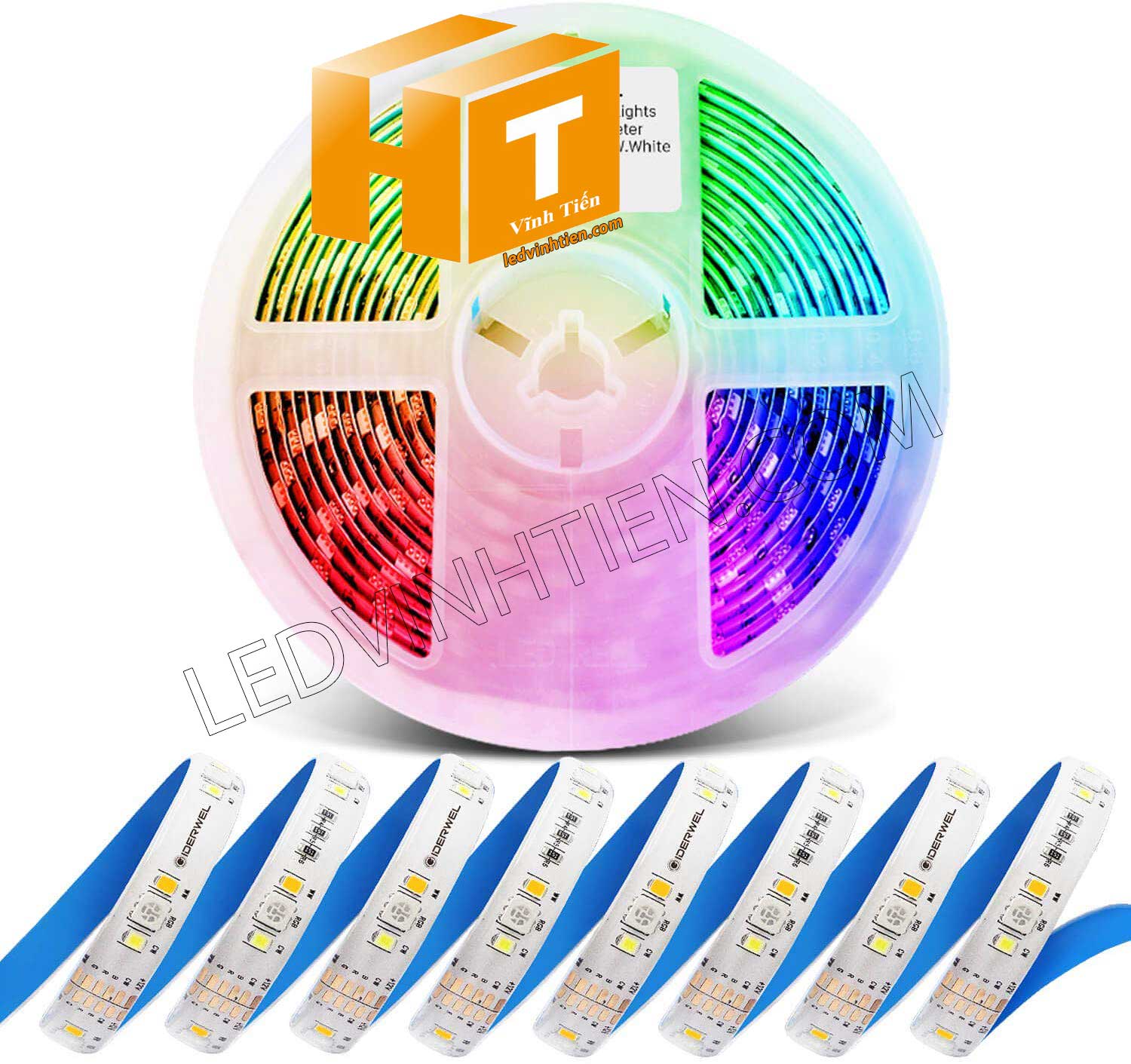 Ảnh chụp nhiều góc cạnh của đèn LED DÂY DÁN chip SMD 5054 ánh sáng bảy màu, nhiều màu, RGB siêu sáng là loại led dây dán cuộn dài 5m, chạy điện 12V, ledvinhtien.com