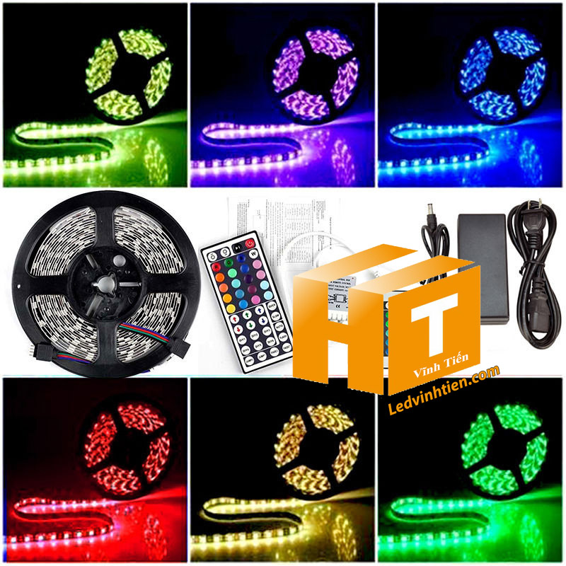 Ảnh chụp nhiều góc cạnh của đèn LED DÂY DÁN chip SMD 5054 ánh sáng bảy màu, nhiều màu, RGB siêu sáng là loại led dây dán cuộn dài 5m, chạy điện 12V, ledvinhtien.com