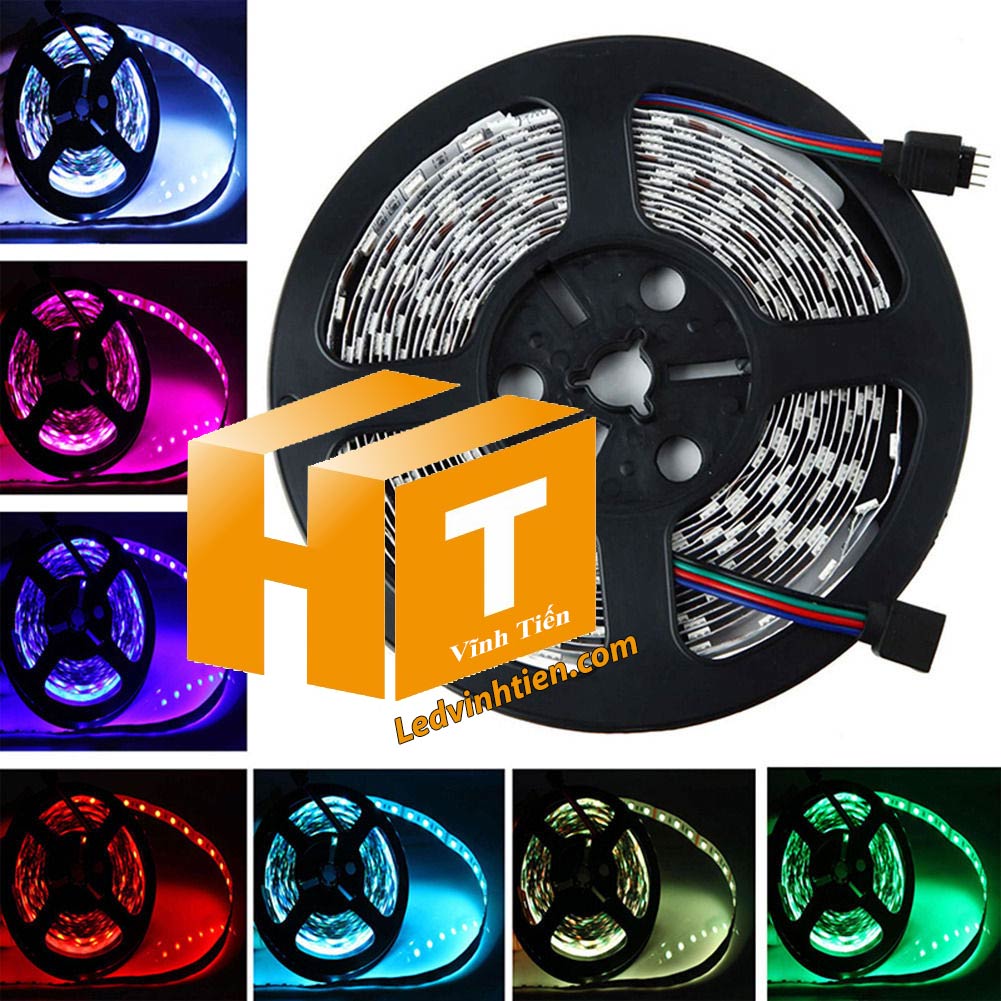 Ảnh chụp nhiều góc cạnh của đèn LED DÂY DÁN chip SMD 5054 ánh sáng bảy màu, nhiều màu, RGB siêu sáng là loại led dây dán cuộn dài 5m, chạy điện 12V, ledvinhtien.com