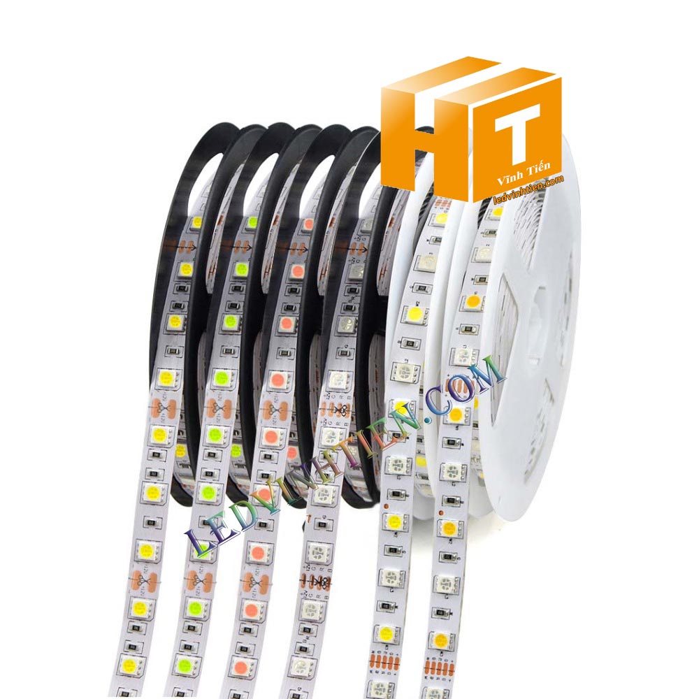 Ảnh chụp nhiều góc cạnh của đèn LED DÂY DÁN chip SMD 5054 ánh sáng bảy màu, nhiều màu, RGB siêu sáng là loại led dây dán cuộn dài 5m, chạy điện 12V, ledvinhtien.com