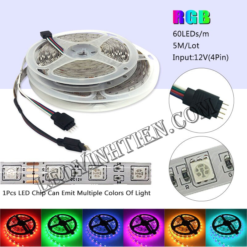 Ảnh chụp nhiều góc cạnh của đèn LED DÂY DÁN chip SMD 5054 ánh sáng bảy màu, nhiều màu, RGB siêu sáng là loại led dây dán cuộn dài 5m, chạy điện 12V, ledvinhtien.com
