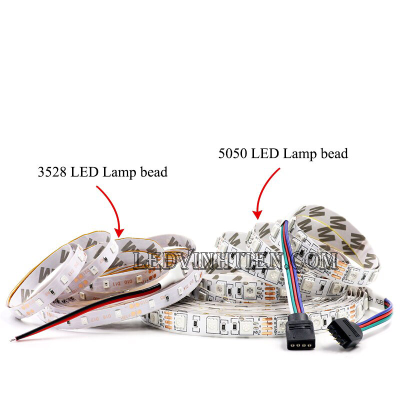 Ảnh chụp nhiều góc cạnh của đèn LED DÂY DÁN chip SMD 5054 ánh sáng bảy màu, nhiều màu, RGB siêu sáng là loại led dây dán cuộn dài 5m, chạy điện 12V, ledvinhtien.com