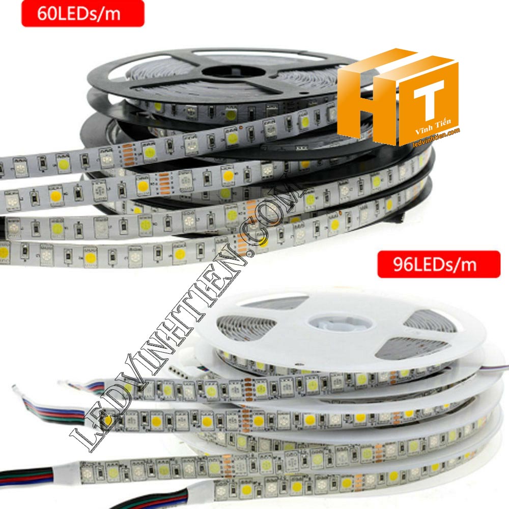 Ảnh chụp nhiều góc cạnh của đèn LED DÂY DÁN chip SMD 5054 ánh sáng bảy màu, nhiều màu, RGB siêu sáng là loại led dây dán cuộn dài 5m, chạy điện 12V, ledvinhtien.com
