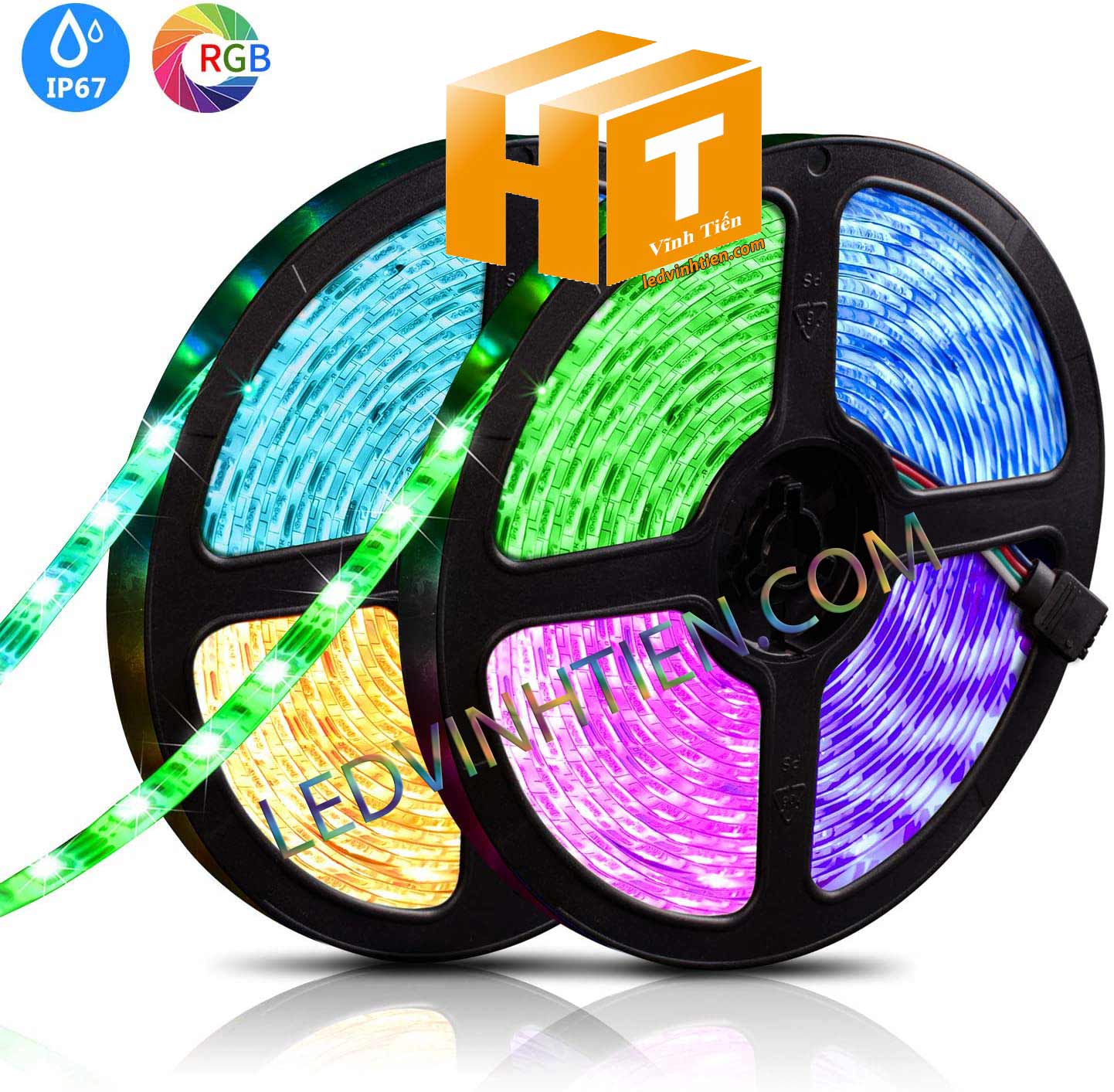 Ảnh chụp nhiều góc cạnh của đèn LED DÂY DÁN chip SMD 5054 ánh sáng bảy màu, nhiều màu, RGB siêu sáng là loại led dây dán cuộn dài 5m, chạy điện 12V, ledvinhtien.com