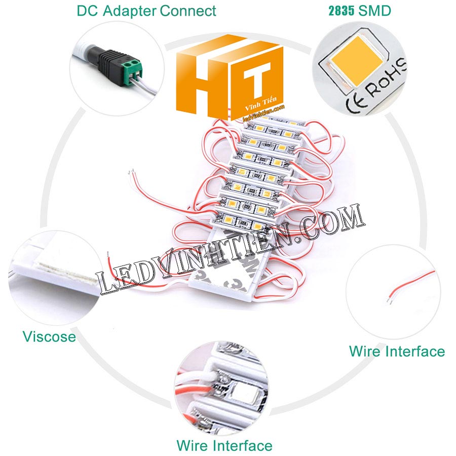 Led module 12V 2835 2 bóng màu đỏ, loại tốt, giá rẻ, Ledvinhtien.com