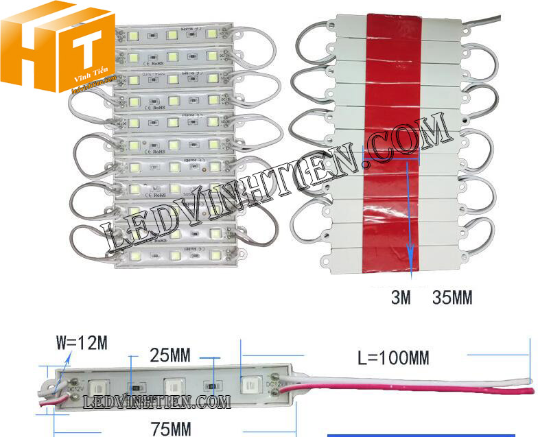 Phân phối sỉ Led module 12V 3 bóng 5054 warm white loại tốt, giá rẻ, siêu sáng, samsung, dùng ngoài trời, hắt bảng hiệu hộp đèn quảng cáo, viền chử, ledvinhtien.com