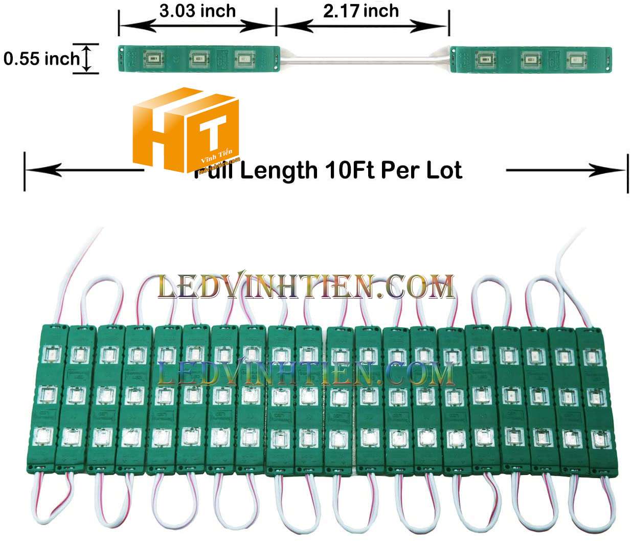 Led hắt, led module 3 bóng 5730 xanh lá, giá rẻ, có thấu kính, siêu sáng, dùng ngoài trời, ledvinhtien.com