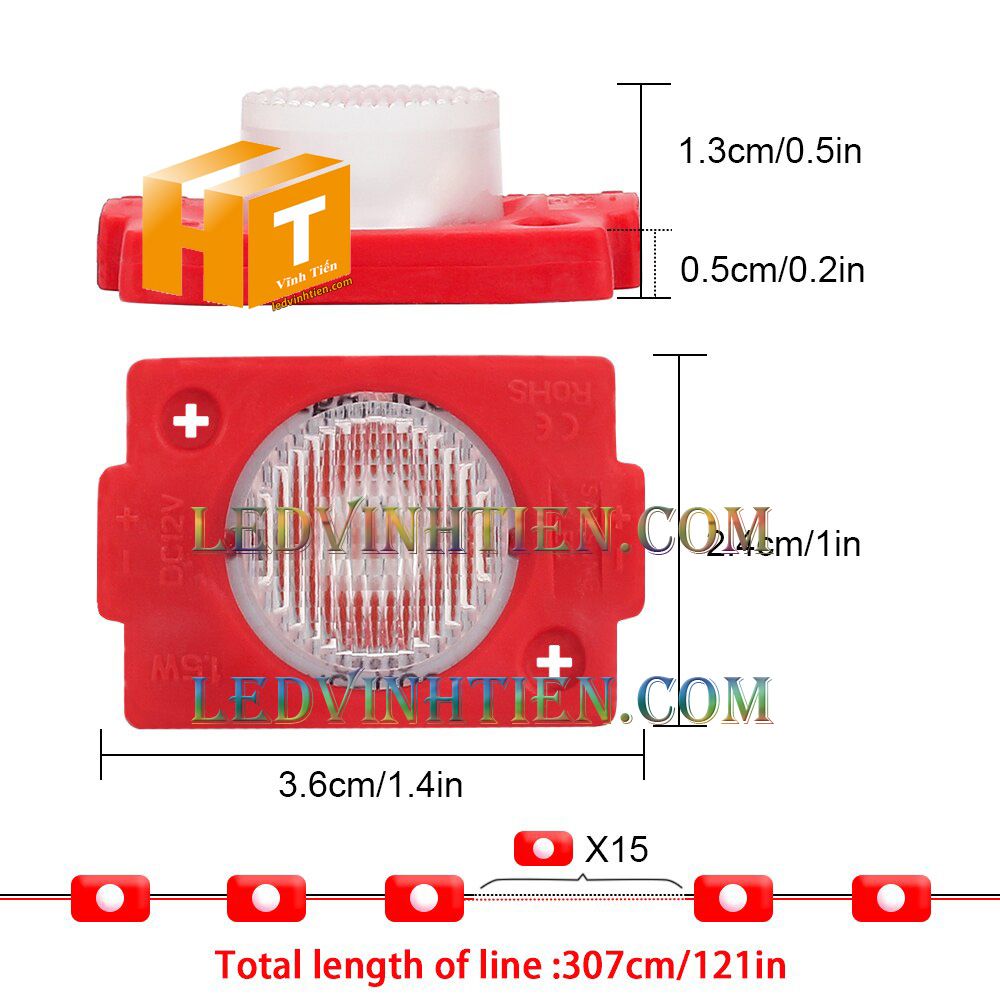 Led hắt, led module 3030 ánh sáng màu đỏ 1.5W dùng điện DC12v, giá rẻ, có thấu kính, ledvinhtien.com