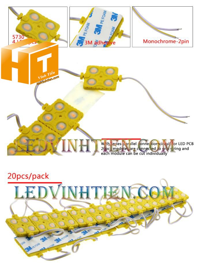 Led hắt, led module 4 bóng samsung màu vàng, giá rẻ, có thấu kính lúp, ledvinhtien.com