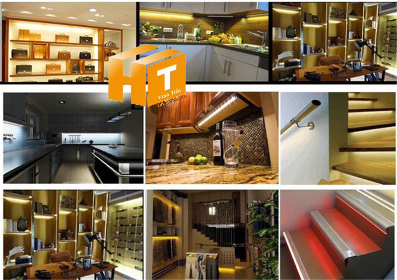 các ứng dụng tiêu biểu của đèn led thanh nhôm 12V 4014 samsung ánh sáng trắng, vàng, xanh lá, xanh dương, đỏ, loại tốt, giá rẻ, dùng chiếu sáng trần, tủ bếp, kệ trưng bày, phòng khách, quầy bar, viền, logo, sản phẩm của ledvinhtien.com, xem hình ảnh minh họa chi tiết