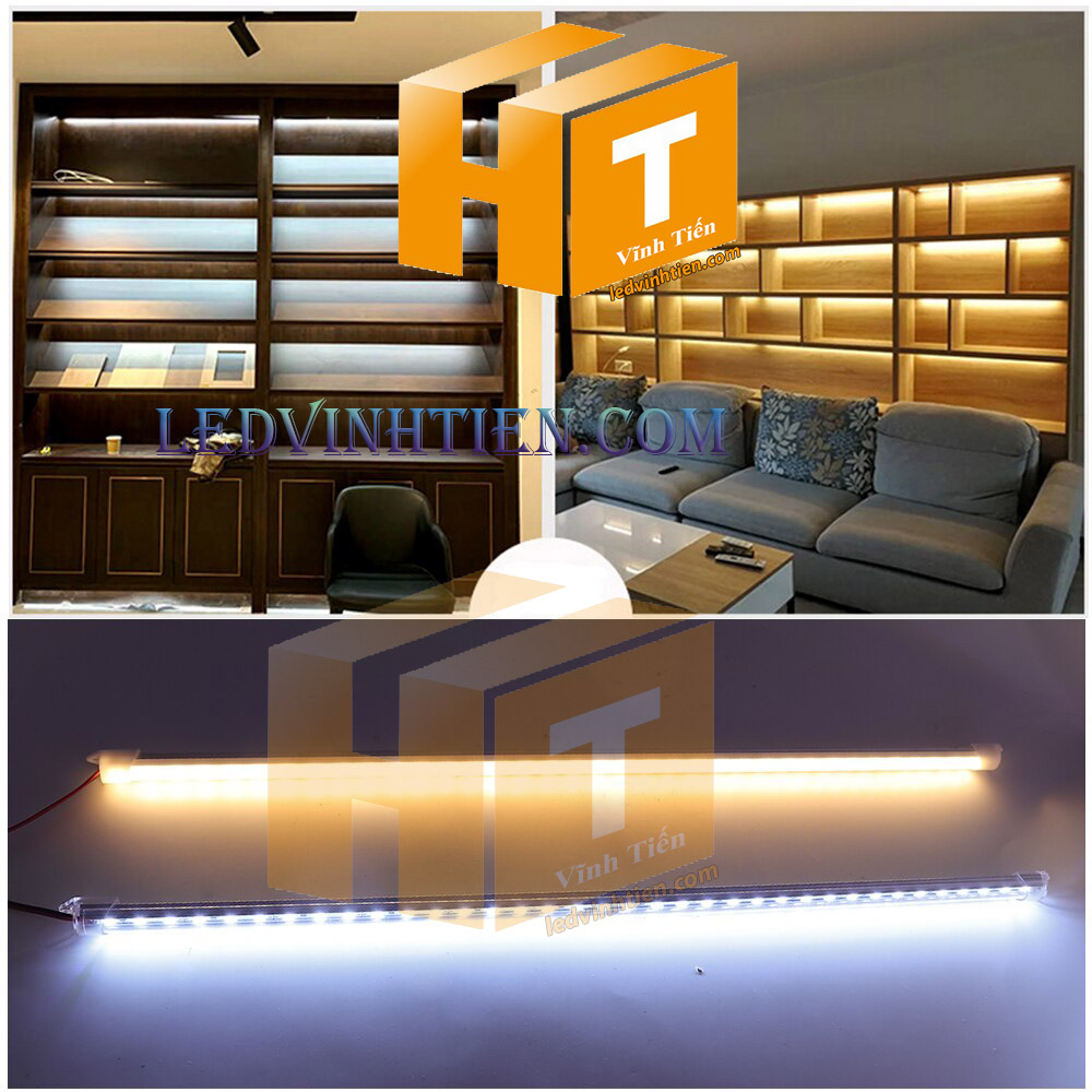 các ứng dụng tiêu biểu của đèn led thanh nhôm 12V 5054 ánh sáng 4000K loại tốt, giá rẻ, dùng chiếu sáng trần, tủ bếp, kệ trưng bày, phòng khách, quầy bar, viền, logo, sản phẩm của ledvinhtien.com, xem hình ảnh minh họa chi tiết