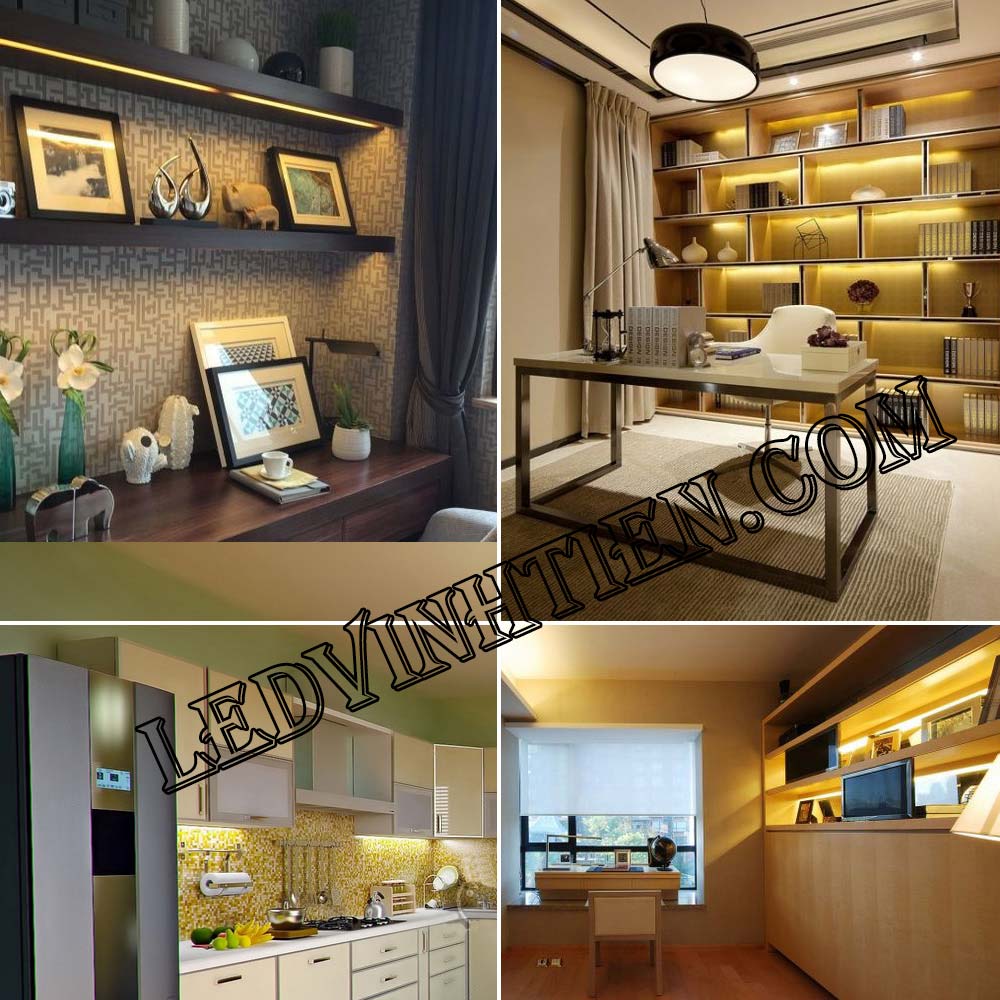 các ứng dụng tiêu biểu của đèn led thanh nhôm 12V 5054 samsung ánh sáng trắng, vàng, xanh lá, xanh dương, đỏ, loại tốt, giá rẻ, dùng chiếu sáng trần, tủ bếp, kệ trưng bày, phòng khách, quầy bar, viền, logo, sản phẩm của ledvinhtien.com, xem hình ảnh minh họa chi tiết