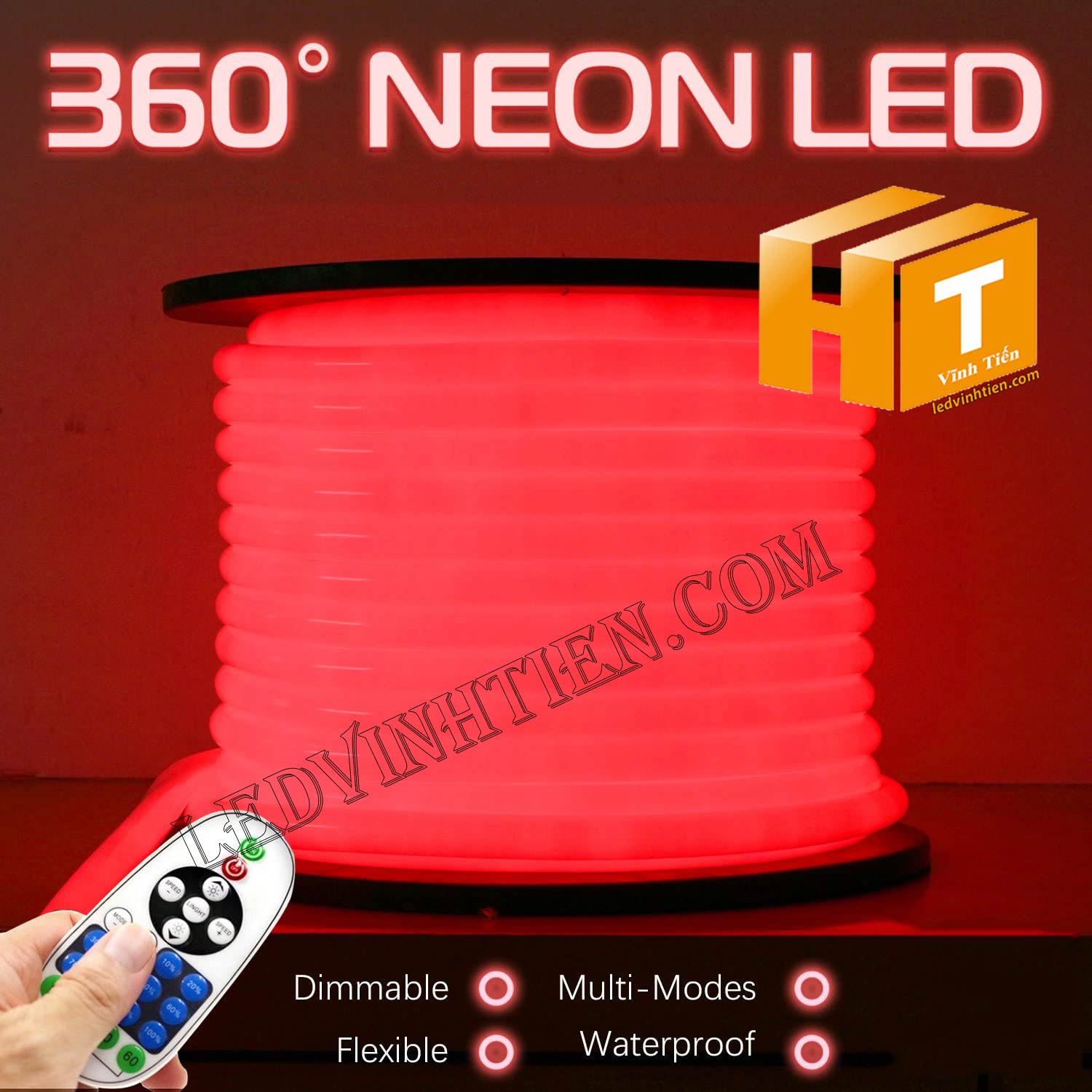 Led dây Flex Neon 220V cuộn 50m, 100m, ánh sáng nhiều màu, đủ màu, RGB, có bộ điều khiển, Led Neon Sign 220V viền trang trí,đèn decor, hắt trần thạch cao , quấn cây, trang trí cà phê, nhà hàng, khách sạn, led 2835 , led 5050 giá rẻ, loại tốt, chất lượng, dùng chiếu sáng trong nhà, ngoài trời. LED Neon Flex hiệu ứng sáng mờ, hoàn hảo. Dây mềm dễ uốn dẻo. Trang trí nội ngoại thất ưu việt. Điện áp 220V, chống mưa tiêu chuẩn IP65, 66, 67, dễ sử dụng, dể đấu nối, phân phối sỉ bởi công ty đèn led vĩnh tiến, ledvinhtien.com