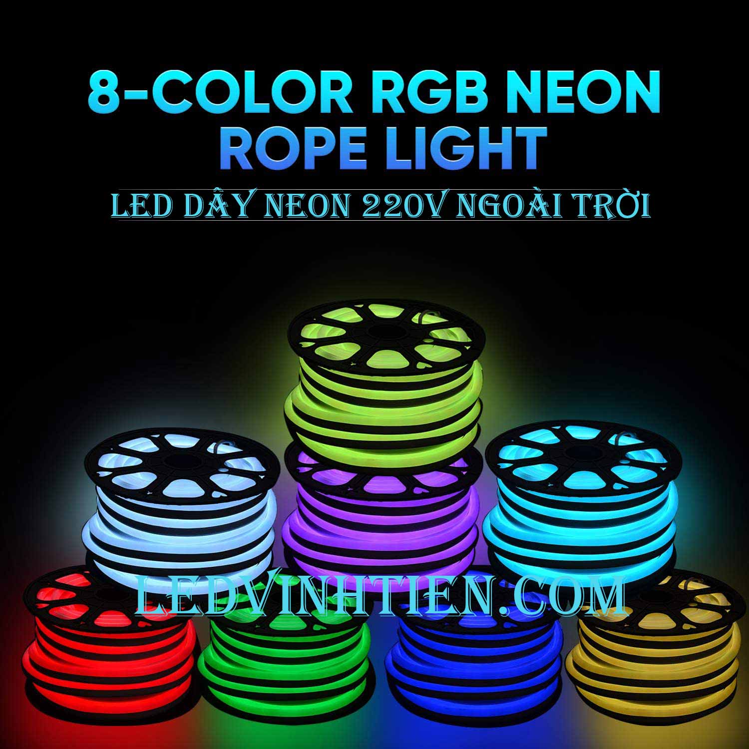 Led dây Flex Neon 220V cuộn 50m, 100m, ánh sáng nhiều màu, đủ màu, RGB, có bộ điều khiển, Led Neon Sign 220V viền trang trí,đèn decor, hắt trần thạch cao , quấn cây, trang trí cà phê, nhà hàng, khách sạn, led 2835 , led 5050 giá rẻ, loại tốt, chất lượng, dùng chiếu sáng trong nhà, ngoài trời. LED Neon Flex hiệu ứng sáng mờ, hoàn hảo. Dây mềm dễ uốn dẻo. Trang trí nội ngoại thất ưu việt. Điện áp 220V, chống mưa tiêu chuẩn IP65, 66, 67, dễ sử dụng, dể đấu nối, phân phối sỉ bởi công ty đèn led vĩnh tiến, ledvinhtien.com