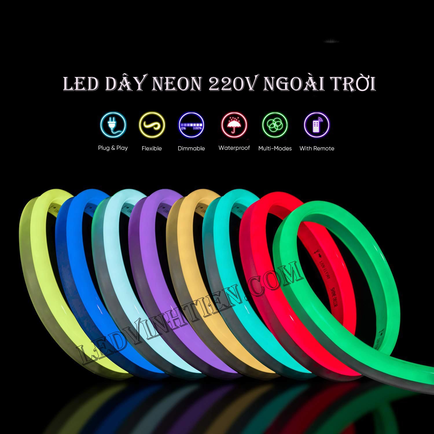 Led dây Flex Neon 220V cuộn 50m, 100m, ánh sáng nhiều màu, đủ màu, RGB, có bộ điều khiển, Led Neon Sign 220V viền trang trí,đèn decor, hắt trần thạch cao , quấn cây, trang trí cà phê, nhà hàng, khách sạn, led 2835 , led 5050 giá rẻ, loại tốt, chất lượng, dùng chiếu sáng trong nhà, ngoài trời. LED Neon Flex hiệu ứng sáng mờ, hoàn hảo. Dây mềm dễ uốn dẻo. Trang trí nội ngoại thất ưu việt. Điện áp 220V, chống mưa tiêu chuẩn IP65, 66, 67, dễ sử dụng, dể đấu nối, phân phối sỉ bởi công ty đèn led vĩnh tiến, ledvinhtien.com