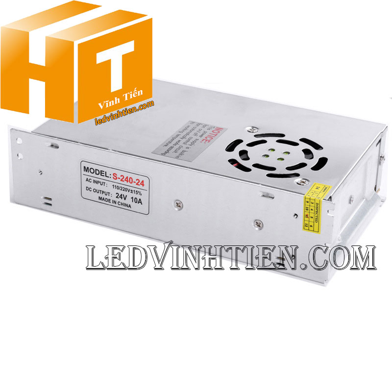 Nguồn DC24V 10A 240W với quạt làm mát, ổn định điện áp.
