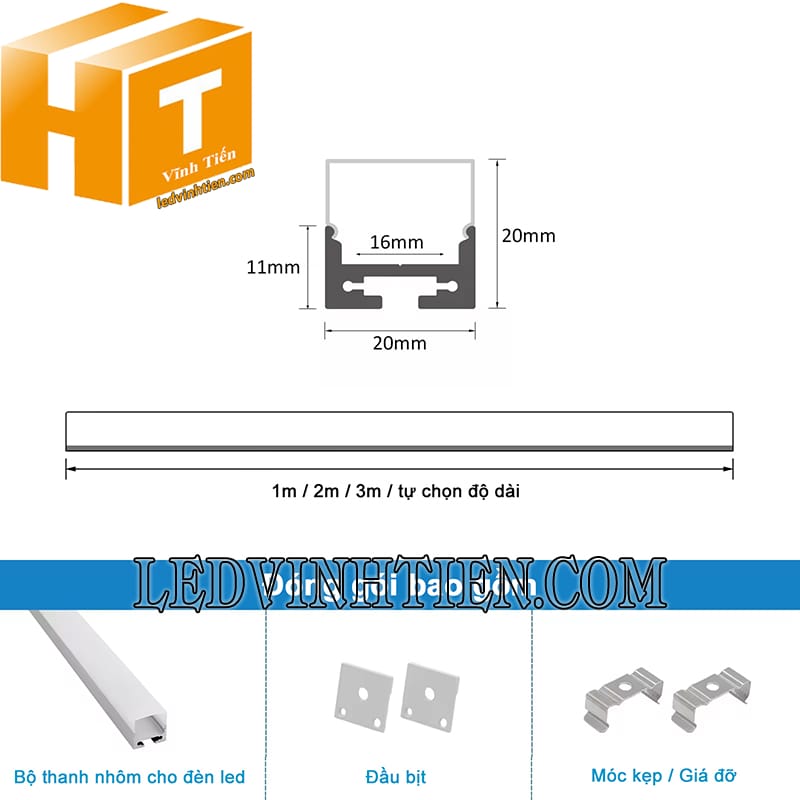 Thanh định hình nhôm U ốp nổi 20x20mm