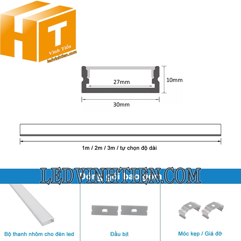 Thanh nhôm định hình U nổi 30x10mm