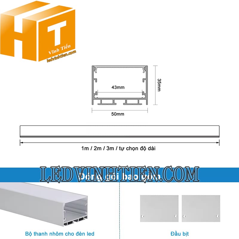 Thanh nhôm profile U gắn nổi 50x35mm giá rẻ