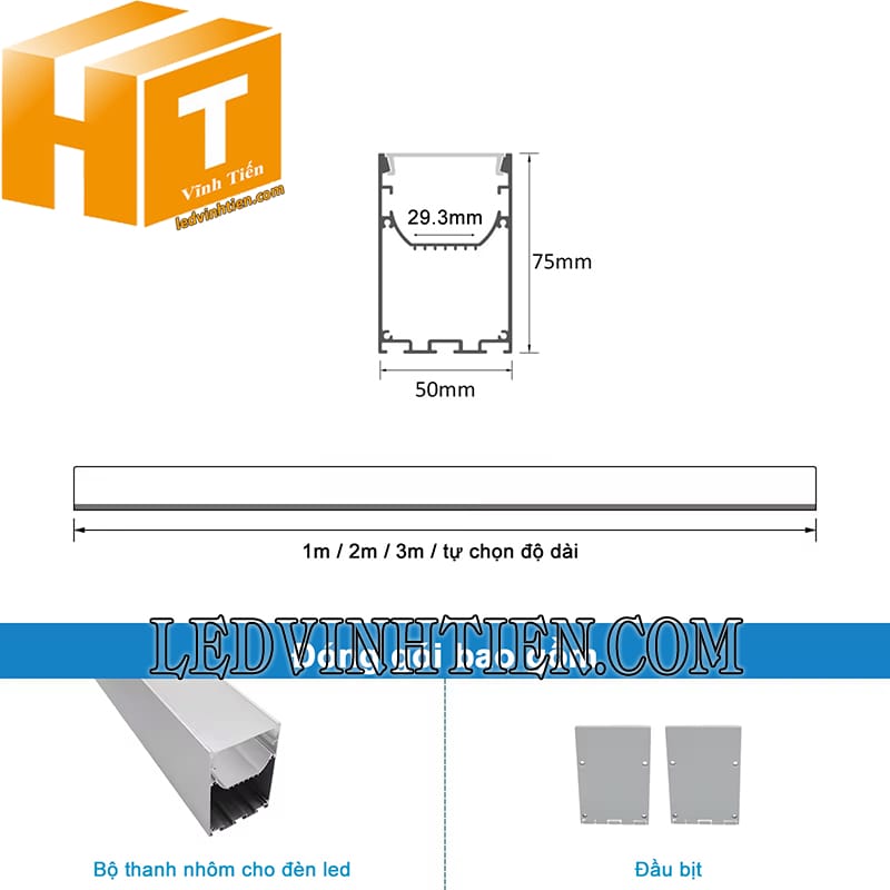 Thanh nhôm định hình chữ U ốp nổi 50x75mm giá rẻ