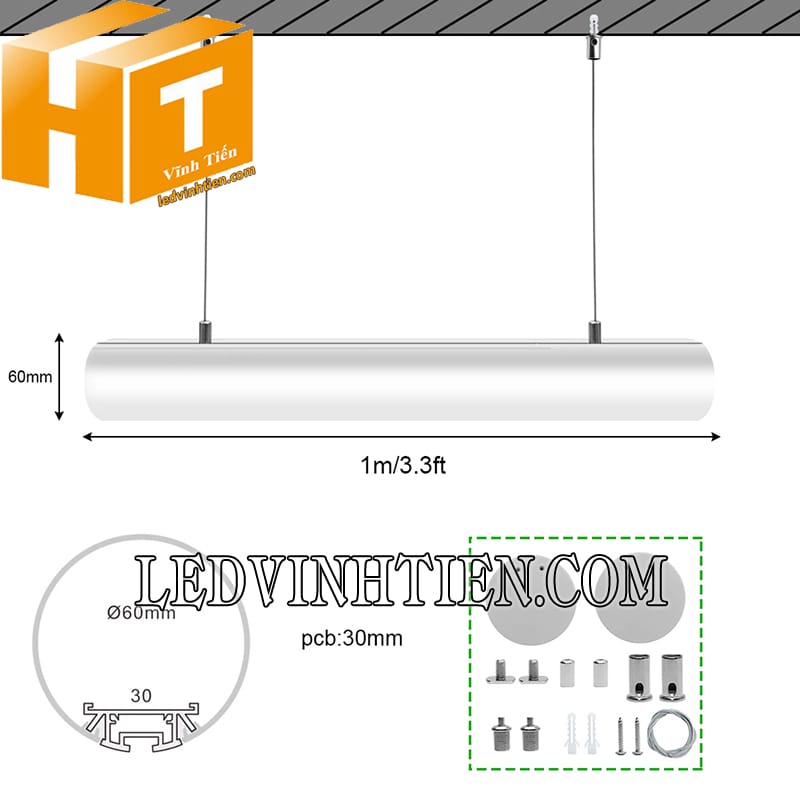 Thanh nhôm định hình tròn treo thả D60