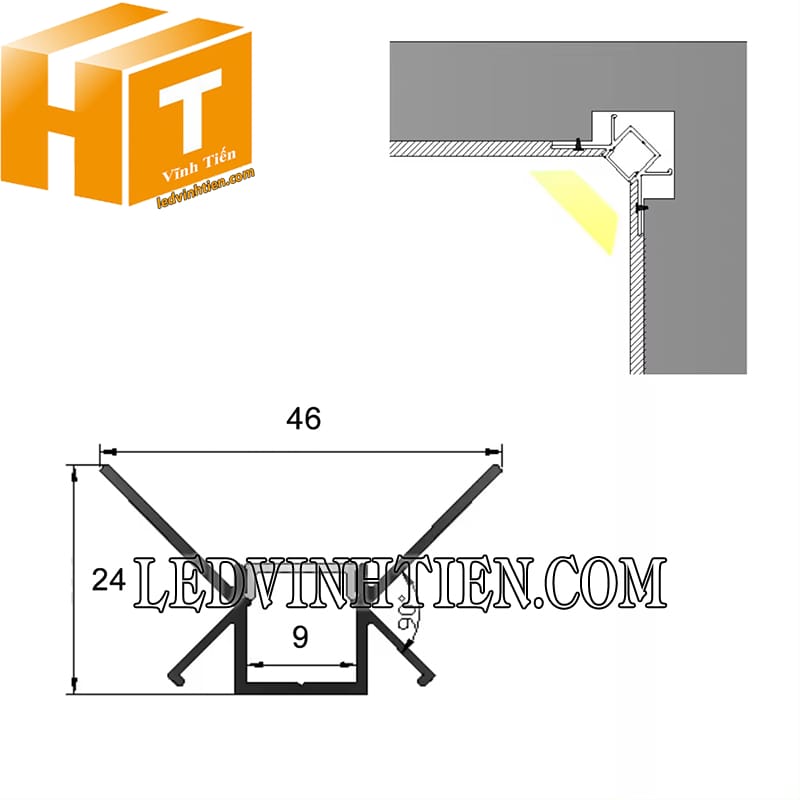 Thanh định hình nhôm lắp âm 46x24mm loại tốt