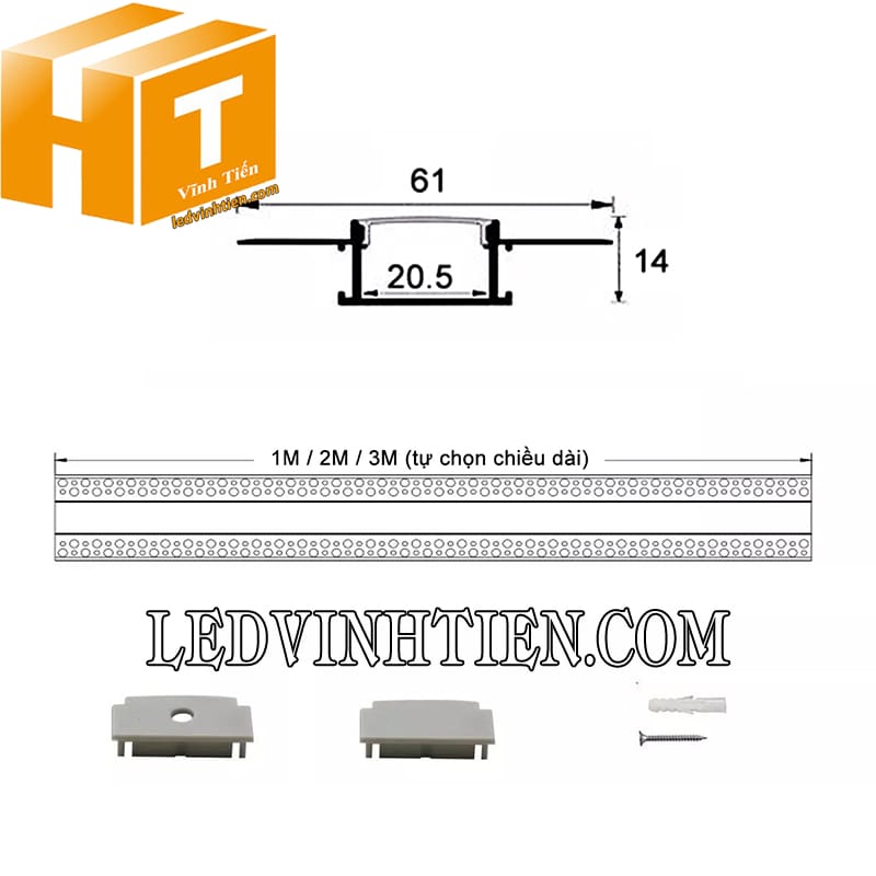 Thanh nhôm profile âm tường giấu viền 61x14mm loại tốt