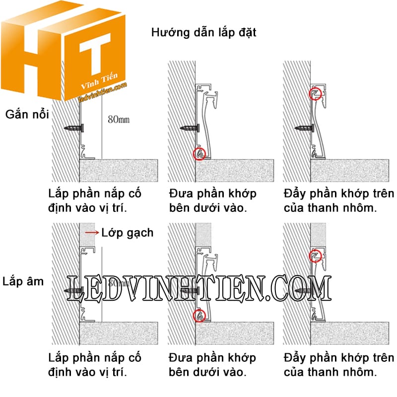 Cách lắp đặt thanh nhôm định hình hắt tường 80x16mm