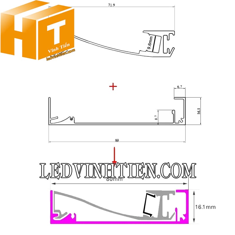 Thanh nhôm định hình hắt tường 80x16mm