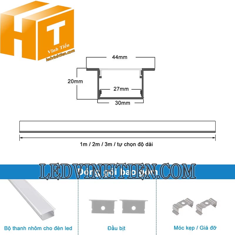 Thanh nhôm định hình chữ YW lắp âm 44x20mm