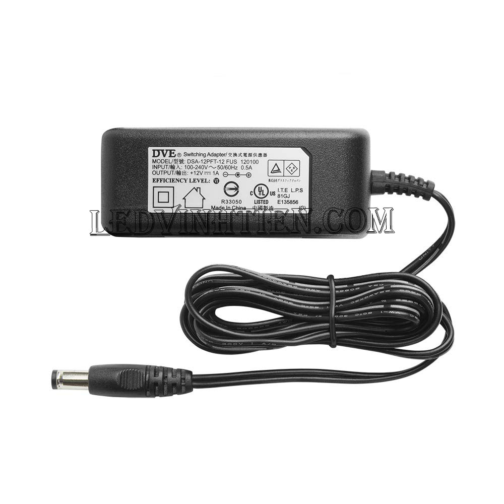 Adapter nguồn DVE 12V 1A 12W, hay còn gọi là adapter 12v 1a DVE dùng cấp nguồn dc12v cho nhiều thiết bị điện tử trên thị trường hiện nay như máy chấm công, đèn led, camera, thiết bị mạng Điện áp đầu vào: AC 100V-240V 50-60Hz. Adapter nguồn 12v-1A dve chính hãng là bộ adapter chuyển đổi từ dòng điện xoay chiều 220v xuống 12v-2A dành riêng cho các thiết bị sử dụng dòng điện12v